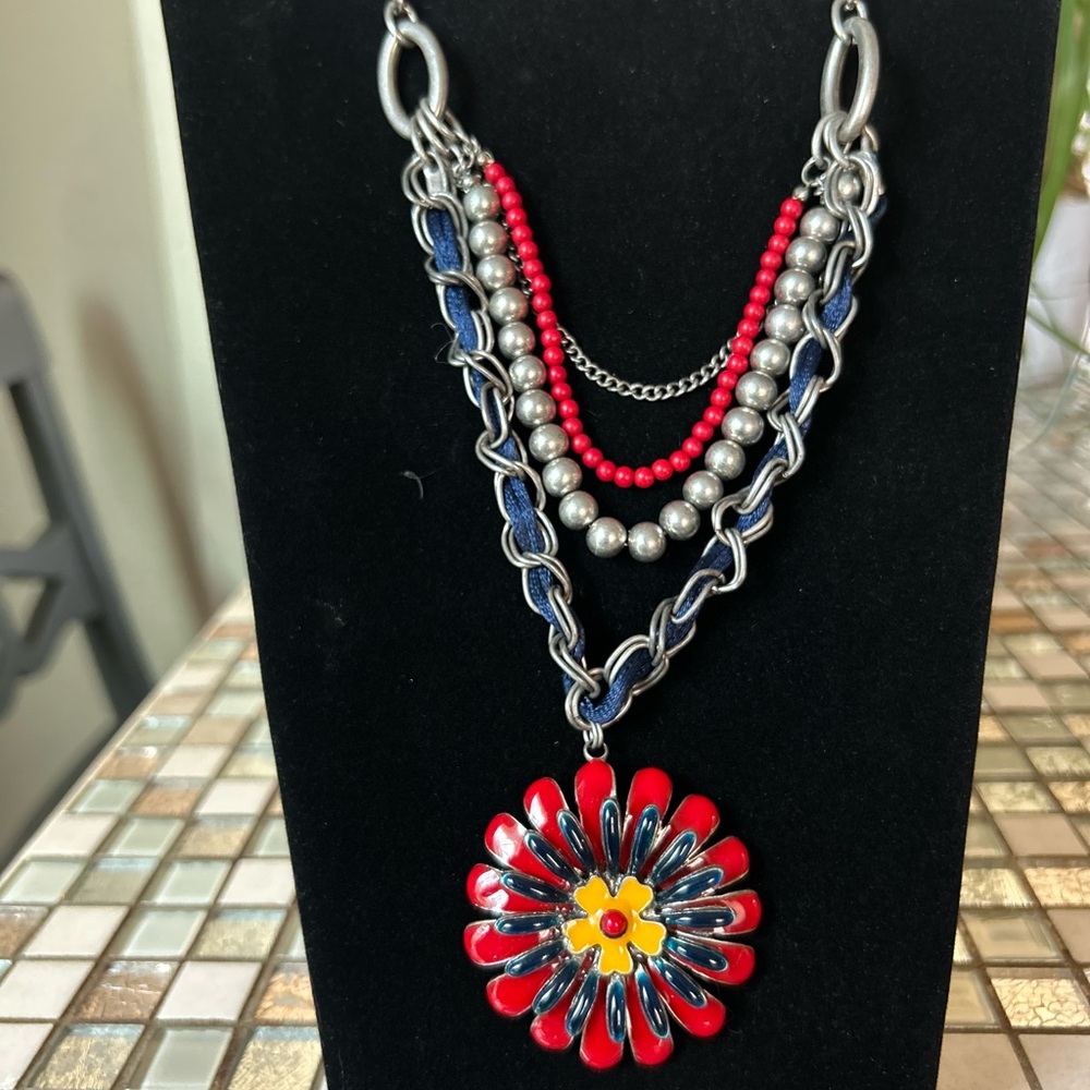 Red and Silver Floral Pendant Necklace